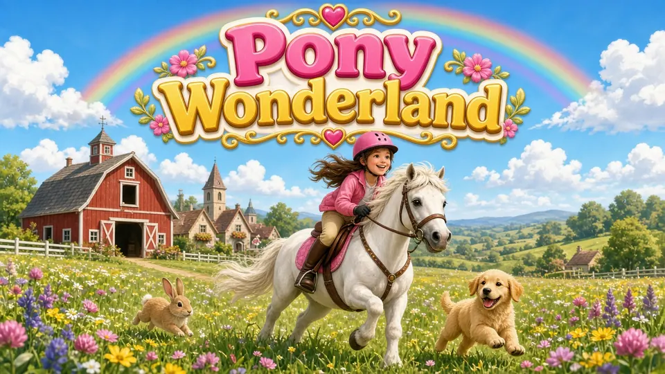 Pony Wonderland: a happy rider on a horse at a sunny farm